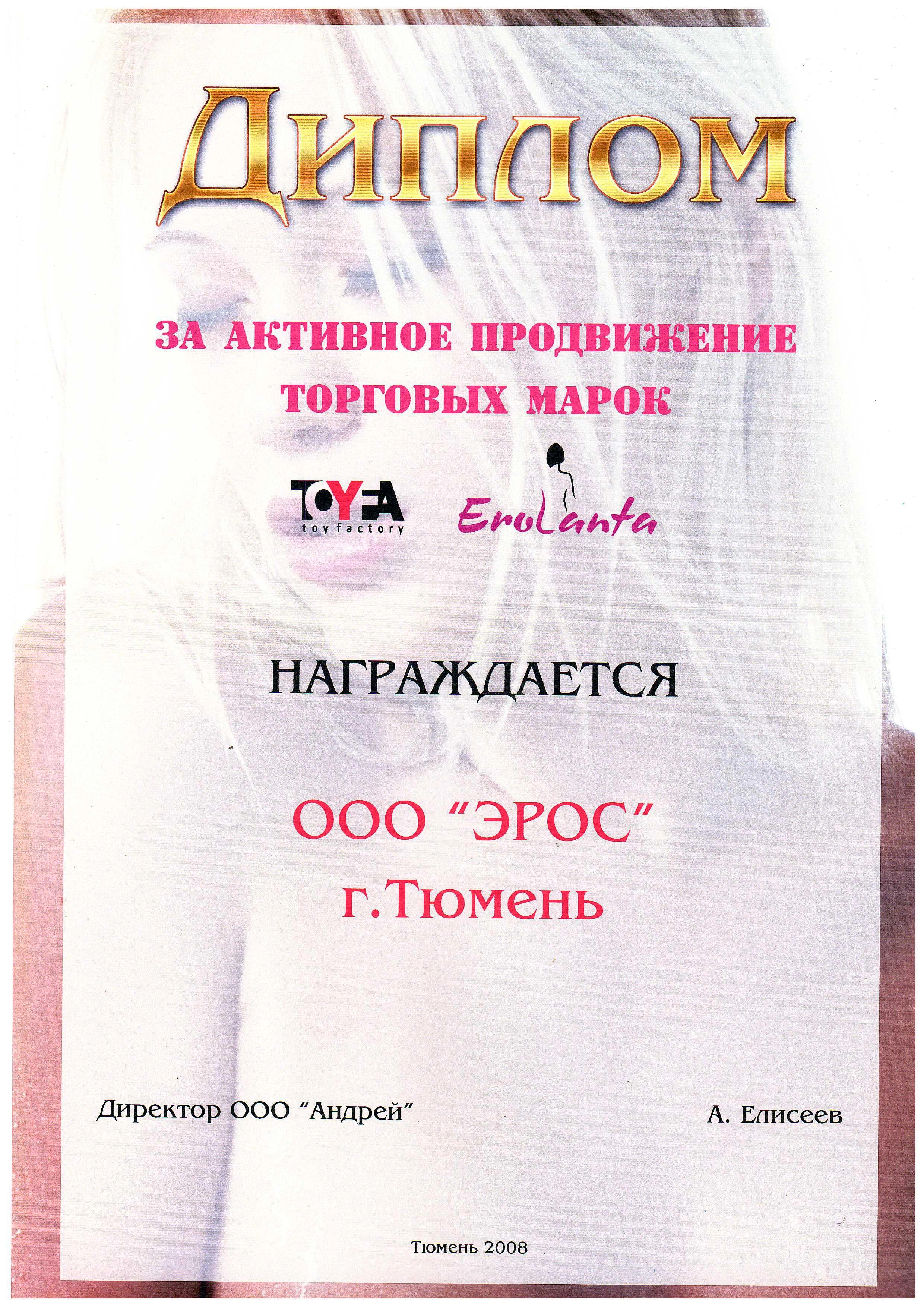 Диплом за активное продвижение торговых марок TOYFA и EroLanta